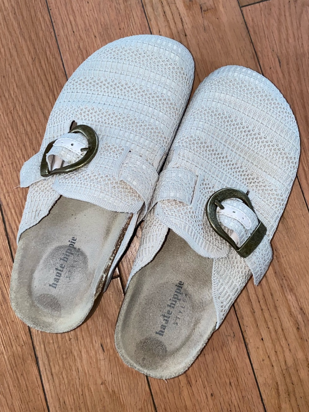 Haute Hippie Cream Knit Slip-On Mules with Gold Buckles